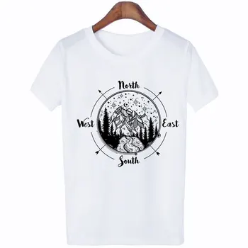 Harajuku, Negro, Blanco Estilo Simple Dirección de la Brújula T-shirt Cielo de la Noche de la Montaña Gráfico Estética Camisetas Tops Hipster Streetwear