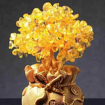 La fortuna del Árbol de la Suerte de la Decoración de la Decoración del Hogar Manualidades Dinero de la Sala de Cristal del Árbol de Feng Shui Joya de Adorno de Piedra de Regalo Amarillo E6K4