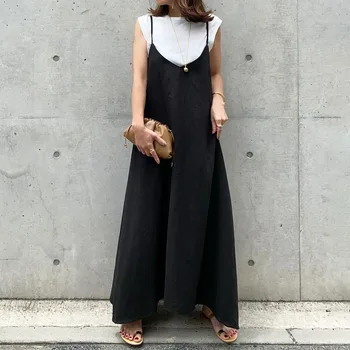 2020 Verano, el Otoño de las Mujeres OL Vestido Casual de Ocio de la Correa de Espagueti Negro Puro Vestido Sencillo de Estilo Japonés Vestido Maxi Vestidos