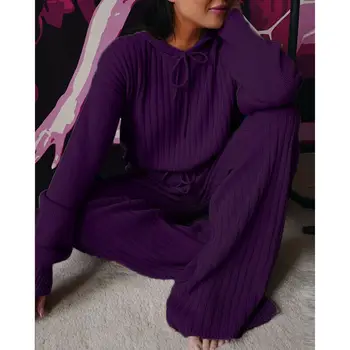 Womens Acanalado Chándal Salón de Desgaste Casual 2Pcs Conjunto Tops+Pantalones ropa de Dormir Pijamas
