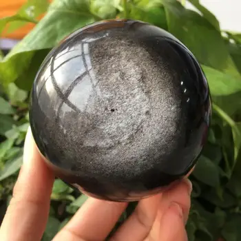 Hermosa plata natural de obsidiana bola de cristal de cristal natural de sanación reiki 70-75MM