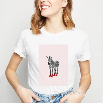Camisetas para las mujeres kawaii Cebra usar Tacones rojos de los años 90 camisetas divertidas Dinosaurio Jirafa animal print blanco ropa mujer camiseta