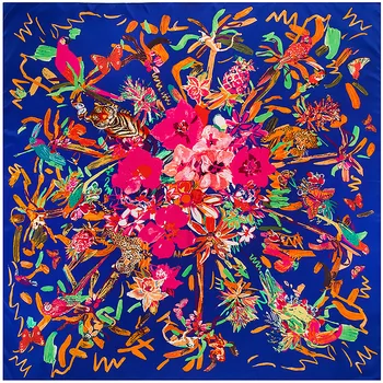 Nueva Marca Hiyab Chal de Sarga de Seda de la Bufanda de Flores y pájaros doodle de Impresión Gigante Bufanda Bufandas Cuadradas Pañuelo de la Mujer de la Diadema de la Bufanda