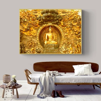 De oro el Señor Buda Pinturas al Óleo sobre Lienzo Religiosa Carteles y Grabados, Cuadros de Arte de Pared con Fotos Para Vivir Decoración de la Habitación