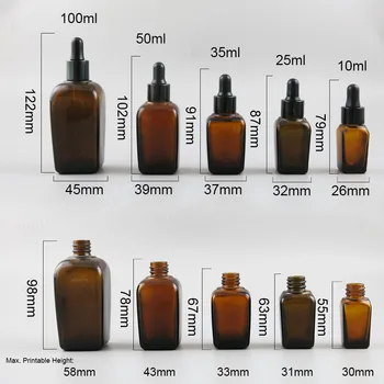 12 X 10 ML 25 ML 35 ML 50 ml 100 ml Vaso Vacío Aromaterapia Botella de Contenedores de la Plaza de Ámbar Aceites Esenciales Botella Con Gotero