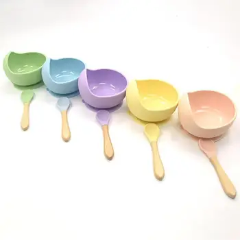 1set de Silicona Bebé la Alimentación Tazón Conjunto de Bebé de Aprendizaje Platos de Succión Bowl Set Cuchara de Madera Antideslizante