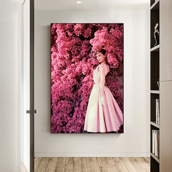 Audrey Hepburn En Vestido de color Rosa Carteles y Grabados, Arte de la Pared de la Rosa Flores Decorativas Foto Lienzo de Pintura para Vivir Decoración de la Habitación
