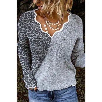 La moda del leopardo y sólido empalmado de las mujeres suéteres y pullovers vintage de manga larga v-cuello de las prendas de punto 