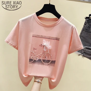 Camisa de color rosa 2021 Verano nueva Camisa de Manga Corta de las Mujeres Tops de Impresión Señoras Camiseta Camisetas Moda Feminina O-cuello de la Camiseta de Blusas 476