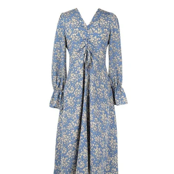 WANYUCL cintura alta sobre la rodilla falda de nicho azul el viento floral de gasa de manga larga V-cuello cintura que adelgaza el vestido de las mujeres