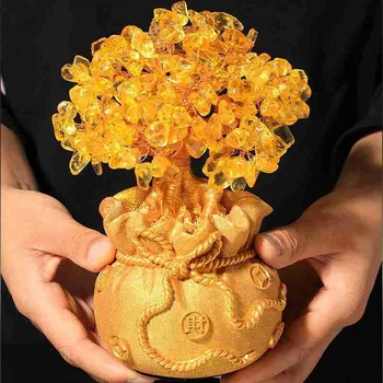 La fortuna del Árbol de la Suerte de la Decoración de la Decoración del Hogar Manualidades Dinero de la Sala de Cristal del Árbol de Feng Shui Joya de Adorno de Piedra de Regalo Amarillo E6K4