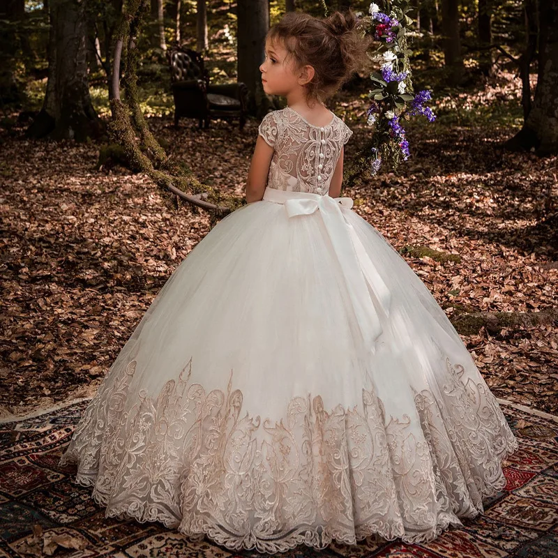 Vestido niña con encaje boda dama de honor vestido de comunión para niños princesa de fiesta